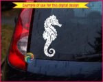 Silhouette image of a dreamy seahorse swirling like a tiny ocean dancer, with a curled tail, long snout, and flowing fins wrapped in elegant wave patterns, starry dots, and coral-like curls. This ornate seahorse clipart feels magical and bold with clean high contrast lines, capturing sea life beauty, and coastal fantasy in one graceful marine themed design.