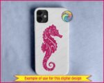 Silhouette image of a dreamy seahorse swirling like a tiny ocean dancer, with a curled tail, long snout, and flowing fins wrapped in elegant wave patterns, starry dots, and coral-like curls. This ornate seahorse clipart feels magical and bold with clean high contrast lines, capturing sea life beauty, and coastal fantasy in one graceful marine themed design.
