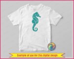Silhouette image of a dreamy seahorse swirling like a tiny ocean dancer, with a curled tail, long snout, and flowing fins wrapped in elegant wave patterns, starry dots, and coral-like curls. This ornate seahorse clipart feels magical and bold with clean high contrast lines, capturing sea life beauty, and coastal fantasy in one graceful marine themed design.