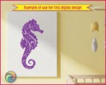 Silhouette image of a dreamy seahorse swirling like a tiny ocean dancer, with a curled tail, long snout, and flowing fins wrapped in elegant wave patterns, starry dots, and coral-like curls. This ornate seahorse clipart feels magical and bold with clean high contrast lines, capturing sea life beauty, and coastal fantasy in one graceful marine themed design.