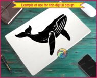 Silhouette image of a blue whale gliding like a gentle ocean giant, with a long sleek body, small curved fin, and wide tail flowing through calm sea waves. Fine line details trace the throat pleats, eye, and mouth, giving this marine mammal a peaceful, wise look.
