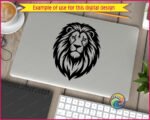Black silhouette image of a fierce front-facing lion face with a full, flowing mane, dramatic tribal-style markings, sharp lion eyes, a proud lion nose, and strong lion jaw. This lion head silhouette shows rich mane texture, clean high contrast lines, and balanced symmetry that captures true king of the jungle energy, big cat strength, and classic lion clipart style.