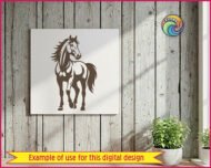 Silhouette image of a bold, beautiful stallion standing proud and strong with a wild flowing mane and powerful hooves, captured in stunning silhouette style clipart art! This standing horse SVG features dramatic high contrast detail, perfect for horse lovers, cowgirls, cowboys and equestrian fans. This majestic horse design showcases every gorgeous curve of a powerful thoroughbred, from his flowing forelock to his swishing tail.