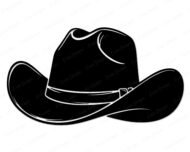 Black silhouette image of a classic wide-brim Stetson cowboy hat with a swooping cattleman crown, decorative hat band and buckle detail, all drawn in sharp ink-style linework in a silhouette style. 