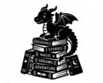 Silhouette image of a friendly little dragon perched happily atop a towering stack of fantasy novels. With a sweet smile, tiny horns, and cute little wings, this reading dragon clipart guards a treasure trove of knowledge. The hand-drawn books are labeled with words like Magic, Stories, and Adventure.