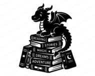Silhouette image of a friendly little dragon perched happily atop a towering stack of fantasy novels. With a sweet smile, tiny horns, and cute little wings, this reading dragon clipart guards a treasure trove of knowledge. The hand-drawn books are labeled with words like Magic, Stories, and Adventure.