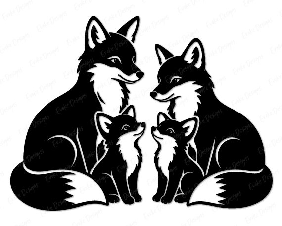 A vector silhouette clipart image depicting a loving fox family of four. This digital image features two adult foxes sitting together with two small baby fox cubs facing each other. A transparent PNG cut file graphic showing a family of foxes with detailed fur patterns, ideal for a fox family SVG design. This sweet fox family illustration captures a wildlife family moment.