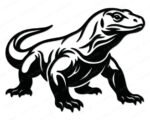SVG and PNG clipart of a black komodo dragon silhouette on a transparent background. A large reptilian monitor lizard mid-stride with powerful clawed feet, a thick muscular body, scaled skin, and a long curved tail. The komodo dragon faces right with a bold minimalist outline showing the lizard's detail in striking contrast.