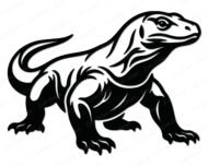 SVG and PNG clipart of a black komodo dragon silhouette on a transparent background. A large reptilian monitor lizard mid-stride with powerful clawed feet, a thick muscular body, scaled skin, and a long curved tail. The komodo dragon faces right with a bold minimalist outline showing the lizard's detail in striking contrast.