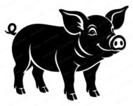 A smiling pig silhouette vector graphic showing a full-body side profile of a cheerful farm animal. This pig clipart features a curly tail, large expressive eyes, a prominent snout, and distinct hooves. A clean digital image and pig cut file with a transparent PNG background, isolating the happy pig illustration.