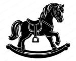 Image of a rocking horse cut file featuring a sweet vintage rocking pony with a fluffy windswept mane, curved wooden rocker base, detailed saddle, dangling stirrup, rounded hooves, and flowing tail in bold silhouette style.