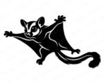 Silhouette image of a flying sugar glider with wide gliding membranes, fluffy curled tail, big cartoon eyes, tiny paws, and adorable face markings in a bold silhouette style. This sugar glider clipart captures the playful look of this Australian marsupial with clean high contrast lines perfect for decals and crafting.