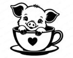 A black outline silhouette image of a cartoon baby teacup pig sitting inside a teacup that features a solid heart on the front. The teacup pig has large ears, detailed eyelashes, and its small hooves rest on the rim of the cup, which sits on a matching saucer. This minimalist digital vector clipart is a clean cut file design on a transparent background, available as an SVG or PNG.
