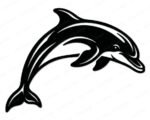 A vector silhouette SVG cut file of a jumping dolphin leaping in mid-air. This digital image dolphin clipart shows a smiling bottlenose dolphin captured in a dynamic curved pose, facing right. Clean lines outline this marine mammal dolphin PNG graphic, detailing the prominent dorsal fin, flippers, snout, and flukes against a transparent background.