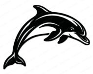 A vector silhouette SVG cut file of a jumping dolphin leaping in mid-air. This digital image dolphin clipart shows a smiling bottlenose dolphin captured in a dynamic curved pose, facing right. Clean lines outline this marine mammal dolphin PNG graphic, detailing the prominent dorsal fin, flippers, snout, and flukes against a transparent background.