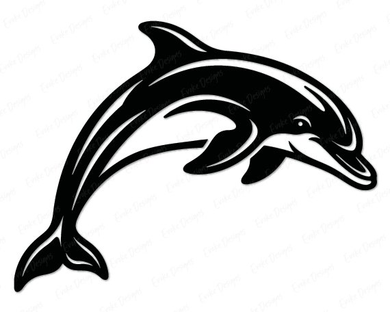 A vector silhouette SVG cut file of a jumping dolphin leaping in mid-air. This digital image dolphin clipart shows a smiling bottlenose dolphin captured in a dynamic curved pose, facing right. Clean lines outline this marine mammal dolphin PNG graphic, detailing the prominent dorsal fin, flippers, snout, and flukes against a transparent background.