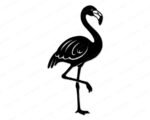 Black silhouette image of a flamingo standing tall on one leg, flaunting gorgeous layered wings with elegant feather details, a gracefully curved long neck, and a classic hooked beak.