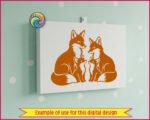 A vector silhouette clipart image depicting a loving fox family of four. This digital image features two adult foxes sitting together with two small baby fox cubs facing each other. A transparent PNG cut file graphic showing a family of foxes with detailed fur patterns, ideal for a fox family SVG design. This sweet fox family illustration captures a wildlife family moment.