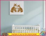 A vector silhouette clipart image depicting a loving fox family of four. This digital image features two adult foxes sitting together with two small baby fox cubs facing each other. A transparent PNG cut file graphic showing a family of foxes with detailed fur patterns, ideal for a fox family SVG design. This sweet fox family illustration captures a wildlife family moment.