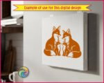 A vector silhouette clipart image depicting a loving fox family of four. This digital image features two adult foxes sitting together with two small baby fox cubs facing each other. A transparent PNG cut file graphic showing a family of foxes with detailed fur patterns, ideal for a fox family SVG design. This sweet fox family illustration captures a wildlife family moment.