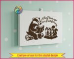 A sweet woodland badger wearing tiny glasses sits on a log with a storybook in paw while three wide-eyed baby squirrels listen closely beneath the words 'A long time ago in a forest far away...'.