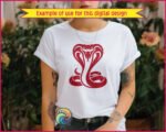 Cobra SVG cut file featuring a striking king cobra silhouette. This digital image displays an aggressive cobra clipart graphic with an expanded hood, bared fangs, and a coiled body. A detailed snake vector and transparent PNG design highlighting a fierce cobra snake with a bifurcated tongue.