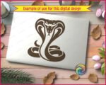 Cobra SVG cut file featuring a striking king cobra silhouette. This digital image displays an aggressive cobra clipart graphic with an expanded hood, bared fangs, and a coiled body. A detailed snake vector and transparent PNG design highlighting a fierce cobra snake with a bifurcated tongue.