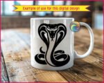 Cobra SVG cut file featuring a striking king cobra silhouette. This digital image displays an aggressive cobra clipart graphic with an expanded hood, bared fangs, and a coiled body. A detailed snake vector and transparent PNG design highlighting a fierce cobra snake with a bifurcated tongue.