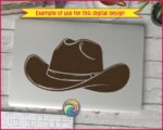 Black silhouette image of a classic wide-brim Stetson cowboy hat with a swooping cattleman crown, decorative hat band and buckle detail, all drawn in sharp ink-style linework in a silhouette style.