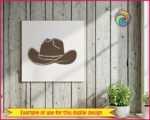 Black silhouette image of a classic wide-brim Stetson cowboy hat with a swooping cattleman crown, decorative hat band and buckle detail, all drawn in sharp ink-style linework in a silhouette style.
