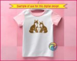A vector silhouette clipart image depicting a loving fox family of four. This digital image features two adult foxes sitting together with two small baby fox cubs facing each other. A transparent PNG cut file graphic showing a family of foxes with detailed fur patterns, ideal for a fox family SVG design. This sweet fox family illustration captures a wildlife family moment.