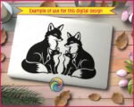 A vector silhouette clipart image depicting a loving fox family of four. This digital image features two adult foxes sitting together with two small baby fox cubs facing each other. A transparent PNG cut file graphic showing a family of foxes with detailed fur patterns, ideal for a fox family SVG design. This sweet fox family illustration captures a wildlife family moment.