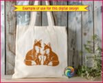 A vector silhouette clipart image depicting a loving fox family of four. This digital image features two adult foxes sitting together with two small baby fox cubs facing each other. A transparent PNG cut file graphic showing a family of foxes with detailed fur patterns, ideal for a fox family SVG design. This sweet fox family illustration captures a wildlife family moment.
