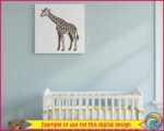 Image of a graceful long-neck giraffe with bold spots, elegant legs, curved horns, alert ears, and a sweet cartoon-style face.