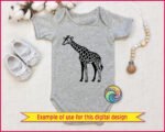 Image of a graceful long-neck giraffe with bold spots, elegant legs, curved horns, alert ears, and a sweet cartoon-style face.