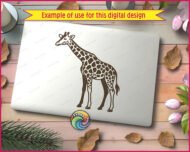 Image of a graceful long-neck giraffe with bold spots, elegant legs, curved horns, alert ears, and a sweet cartoon-style face.