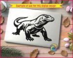 SVG and PNG clipart of a black komodo dragon silhouette on a transparent background. A large reptilian monitor lizard mid-stride with powerful clawed feet, a thick muscular body, scaled skin, and a long curved tail. The komodo dragon faces right with a bold minimalist outline showing the lizard's detail in striking contrast.