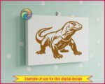 SVG and PNG clipart of a black komodo dragon silhouette on a transparent background. A large reptilian monitor lizard mid-stride with powerful clawed feet, a thick muscular body, scaled skin, and a long curved tail. The komodo dragon faces right with a bold minimalist outline showing the lizard's detail in striking contrast.