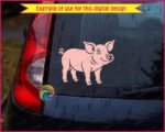 A smiling pig silhouette vector graphic showing a full-body side profile of a cheerful farm animal. This pig clipart features a curly tail, large expressive eyes, a prominent snout, and distinct hooves. A clean digital image and pig cut file with a transparent PNG background, isolating the happy pig illustration.