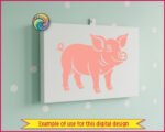A smiling pig silhouette vector graphic showing a full-body side profile of a cheerful farm animal. This pig clipart features a curly tail, large expressive eyes, a prominent snout, and distinct hooves. A clean digital image and pig cut file with a transparent PNG background, isolating the happy pig illustration.