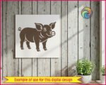 A smiling pig silhouette vector graphic showing a full-body side profile of a cheerful farm animal. This pig clipart features a curly tail, large expressive eyes, a prominent snout, and distinct hooves. A clean digital image and pig cut file with a transparent PNG background, isolating the happy pig illustration.