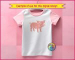 A smiling pig silhouette vector graphic showing a full-body side profile of a cheerful farm animal. This pig clipart features a curly tail, large expressive eyes, a prominent snout, and distinct hooves. A clean digital image and pig cut file with a transparent PNG background, isolating the happy pig illustration.