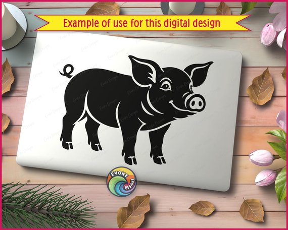 A smiling pig silhouette vector graphic showing a full-body side profile of a cheerful farm animal. This pig clipart features a curly tail, large expressive eyes, a prominent snout, and distinct hooves. A clean digital image and pig cut file with a transparent PNG background, isolating the happy pig illustration.