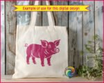A smiling pig silhouette vector graphic showing a full-body side profile of a cheerful farm animal. This pig clipart features a curly tail, large expressive eyes, a prominent snout, and distinct hooves. A clean digital image and pig cut file with a transparent PNG background, isolating the happy pig illustration.