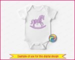 Image of a rocking horse cut file featuring a sweet vintage rocking pony with a fluffy windswept mane, curved wooden rocker base, detailed saddle, dangling stirrup, rounded hooves, and flowing tail in bold silhouette style.