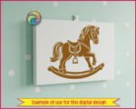 Image of a rocking horse cut file featuring a sweet vintage rocking pony with a fluffy windswept mane, curved wooden rocker base, detailed saddle, dangling stirrup, rounded hooves, and flowing tail in bold silhouette style.