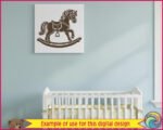 Image of a rocking horse cut file featuring a sweet vintage rocking pony with a fluffy windswept mane, curved wooden rocker base, detailed saddle, dangling stirrup, rounded hooves, and flowing tail in bold silhouette style.