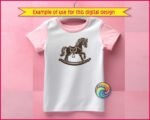 Image of a rocking horse cut file featuring a sweet vintage rocking pony with a fluffy windswept mane, curved wooden rocker base, detailed saddle, dangling stirrup, rounded hooves, and flowing tail in bold silhouette style.