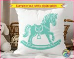 Image of a rocking horse cut file featuring a sweet vintage rocking pony with a fluffy windswept mane, curved wooden rocker base, detailed saddle, dangling stirrup, rounded hooves, and flowing tail in bold silhouette style.