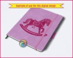 Image of a rocking horse cut file featuring a sweet vintage rocking pony with a fluffy windswept mane, curved wooden rocker base, detailed saddle, dangling stirrup, rounded hooves, and flowing tail in bold silhouette style.